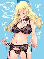 Rule 34 | 10s, ;d, atago (kancolle), bad id, bad twitter id, black bra, black panties, black thighhighs, blonde hair, blue background, bouncing breasts, bra, breasts, cleavage, cowboy shot, detached collar, garter belt, garter straps, gluteal fold, green eyes, hat, highres, inactive account, kantai collection, large breasts, long hair, looking at viewer, navel, nipples, one eye closed, open mouth, outstretched hand, panties, see-through, side-tie panties, simple background, smile, solo, strap gap, string panties, suga saru, thighhighs, underwear, underwear only, untying
