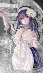 Rule 34 | 1girl, absurdres, blush, breasts, cleavage, crystal, dress, flower, glint, hair flower, hair ornament, hairband, highres, holding, holding lantern, ito lab, jewelry, lantern, large breasts, long hair, looking at viewer, nail polish, necklace, open mouth, original, purple hair, red eyes, ripples, side slit, solo, tied dress, very long hair, wading, water