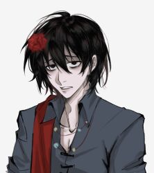 Rule 34 | 1boy, black eyes, black hair, chinese commentary, collared shirt, commentary request, flower, freckles, fu shun (touqi guaitan), grey shirt, hair between eyes, hair flower, hair ornament, highres, male focus, open collar, red flower, red pupils, sanpaku, shabiedanganmeima, shirt, short hair, simple background, solo, touqi guaitan, upper body, variant set, white background