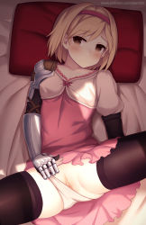 Rule 34 | 1girl, bed sheet, black thighhighs, blonde hair, blue eyes, blush, breasts, brown eyes, censored, clitoris, closed mouth, commentary request, covered erect nipples, djeeta (granblue fantasy), dress, fighter (granblue fantasy), gauntlets, granblue fantasy, looking at viewer, lying, mosaic censoring, on back, on bed, panties, panty pull, patreon username, pillow, pink dress, puffy short sleeves, puffy sleeves, pussy, short dress, short hair, short sleeves, single gauntlet, small breasts, solo, spread legs, thighhighs, underwear, white panties, zen33n