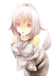 Rule 34 | 1girl, animal ears, bare shoulders, breast hold, breasts, collarbone, detached sleeves, hat, inubashiri momiji, large breasts, looking at viewer, open mouth, pom pom (clothes), red eyes, short hair, silver hair, simple background, solo, sorato jun, tail, tokin hat, touhou, white background, wolf ears, wolf tail