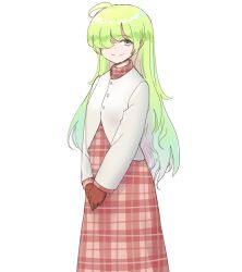 Rule 34 | 1girl, ahoge, alternate costume, commentary request, cowboy shot, dress, gloves, green eyes, green hair, hair over one eye, jacket, kazami yuuka, kazami yuuka (pc-98), long hair, long sleeves, plaid, plaid dress, red dress, s-a-murai, smile, solo, touhou, touhou (pc-98), white jacket