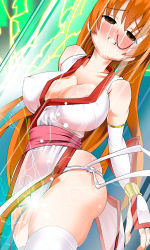 Rule 34 | 1girl, aburisamon, areola slip, ass, bad id, bad pixiv id, breasts, brown eyes, cleavage, clenched teeth, covered erect nipples, dead or alive, electricity, highres, kasumi (doa), large breasts, long hair, orange hair, pelvic curtain, skindentation, solo, tears, tecmo, teeth, thighhighs, white thighhighs