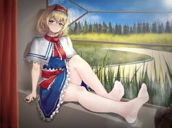 Rule 34 | 1girl, alice margatroid, ascot, blonde hair, blue eyes, blue nails, blue sky, boots, capelet, cloud, curtains, day, dress, feet, frilled dress, frilled hairband, frills, grass, hairband, hakurei fling, highres, jewelry, knees, legs, nail polish, no shoes, pantyhose, path, red ascot, red hairband, ring, road, shoes, sitting, sitting in window, sky, soles, solo, steaming body, tall grass, toes, touhou, tree, unworn boots, unworn shoes, white capelet, white pantyhose