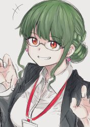 Rule 34 | 1girl, anosillus ii, bad id, bad twitter id, braid, breasts, earrings, excited, french braid, glasses, green hair, gridman universe, hair bun, hand up, heart, heart earrings, highres, jacket, jewelry, lanyard, medium breasts, office lady, open clothes, orange eyes, osr5555, shirt, simple background, smile, solo, ssss.dynazenon, ssss.gridman, tooth, white background, white shirt
