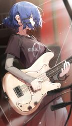Rule 34 | 1girl, bass guitar, black shirt, blue hair, blurry, bocchi the rock!, depth of field, ear piercing, fender precision bass, from side, goomrrat, hair ornament, hairclip, highres, holding, holding instrument, instrument, light particles, long sleeves, microphone stand, music, piercing, playing instrument, pleated skirt, shirt, short ponytail, skirt, t-shirt, yamada ryo, yellow eyes