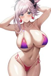 1girl animated animated_gif armpits asymmetrical_hair bikini blinking blue_eyes blush bouncing_breasts breasts commentary cowboy_shot earrings english_commentary fate/grand_order fate_(series) highleg highleg_bikini huge_breasts jasony jewelry leaf looking_at_viewer maple_leaf micro_bikini miyamoto_musashi_(fate) navel parted_lips pink_hair ponytail purple_bikini sideboob sidelocks simple_background solo stomach swimsuit underboob wet white_background