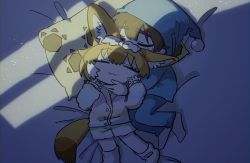Rule 34 | 1boy, 1girl, :3, animal ears, barefoot, bed, blue pajamas, brown hair, captain (kemono friends), closed eyes, commentary, crying, dhole (kemono friends), dog ears, dog girl, dog tail, hat, hug, kemono friends, kemono friends 3, lying, nightcap, on side, pajamas, pillow, pink pajamas, short hair, sisikemo123, sleeping, tail