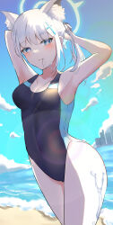 Rule 34 | 1girl, absurdres, animal ear fluff, animal ears, arms behind head, beach, black one-piece swimsuit, blue archive, blue eyes, blue sky, breasts, cityscape, cloud, competition swimsuit, covered navel, cowboy shot, cross hair ornament, day, doku kinoko (avzu5522), extra ears, grey hair, hair ornament, halo, highres, looking at viewer, low ponytail, medium breasts, medium hair, mismatched pupils, mouth hold, multicolored clothes, multicolored swimsuit, official alternate costume, one-piece swimsuit, outdoors, shiroko (blue archive), shiroko (swimsuit) (blue archive), sky, solo, swimsuit, wolf ears