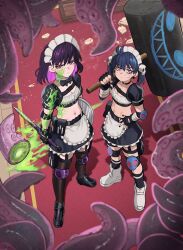 Rule 34 | 2girls, apron, bandaged arm, bandages, black bow, black footwear, black gloves, black hair, black nails, black skirt, black thighhighs, blue hair, boots, bow, breasts, closed mouth, commentary, english commentary, fingerless gloves, frilled apron, frilled skirt, frills, gloves, hair between eyes, hammer, hand on own hip, highres, holding, holding hammer, holding sword, holding weapon, ji-yoon (jourd4n), jourd4n, loafers, minori yume (jourd4n), multicolored hair, multiple girls, nail polish, navel, navel piercing, original, piercing, pink hair, puffy short sleeves, puffy sleeves, purple hair, red eyes, shoes, short sleeves, skirt, small breasts, socks, standing, sword, tentacles, thighhighs, two-tone hair, v-shaped eyebrows, waist apron, weapon, white apron, white footwear