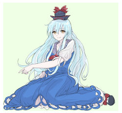 Rule 34 | 1girl, blue dress, blue hair, blue headwear, brown eyes, closed mouth, dress, full body, highres, kamishirasawa keine, kashiwada kiiho, light blue hair, long hair, looking at viewer, neckerchief, red neckerchief, short sleeves, simple background, sitting, smile, solo, touhou, white background