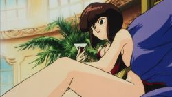 Rule 34 | 1990s (style), 1girl, animated, animated gif, bare arms, bare legs, bob cut, breasts, brown hair, cleavage, dress, impossible clothes, large breasts, lipstick, makeup, matching hair/eyes, no bra, ranma 1/2, retro artstyle, screencap, short hair, sideboob, talking, tendou nabiki