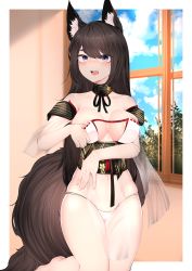 Rule 34 | 1girl, absurdres, amagi (azur lane), amagi (wending waters serene lotus) (azur lane), animal ear fluff, areola slip, azur lane, bare shoulders, bikini, black sash, breasts, brown hair, brown tail, cleavage, curvy, highres, indoors, kitsune, large tail, long hair, looking at viewer, open bikini, open clothes, panties, purple eyes, samip, sash, see-through, swimsuit, tail, thick eyebrows, underwear, white panties, window