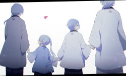 Rule 34 | 2boys, 2girls, ayaka (genshin impact), blue hair, brother and sister, closed eyes, commentary request, crest, family, family crest, father and daughter, father and son, from behind, genshin impact, holding hands, husband and wife, kamisato ayato, kamisato kayo, letterboxed, long sleeves, mother and daughter, mother and son, multiple boys, multiple girls, ponytail, siblings, sidelocks, uro (urooooboe), wide sleeves