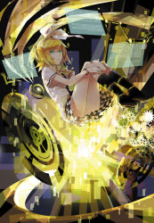 Rule 34 | 1girl, aqua eyes, blonde hair, boots, bracelet, checkered clothes, checkered skirt, fetal position, floating, floating screen, hair ornament, hair ribbon, hairclip, jewelry, kagamine rin, looking at viewer, rella, ribbon, short hair, skirt, solo, tiger rampage (vocaloid), vocaloid