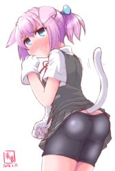 Rule 34 | 10s, 1girl, animal ears, animal hands, ass, bike shorts, blouse, blue eyes, blush, cat ears, cat paws, cat tail, collared shirt, commentary request, cowboy shot, dated, gloves, hair ornament, highres, kanon (kurogane knights), kantai collection, kemonomimi mode, panties, paw gloves, pink hair, pleated skirt, ponytail, school uniform, serafuku, shiranui (kancolle), shirt, short hair, short ponytail, short sleeves, simple background, skirt, solo, sweatdrop, tail, underwear, uniform, white background, white gloves, white shirt, white tail