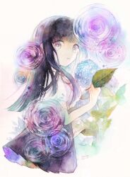 Rule 34 | 1girl, 2024, :o, absurdres, blue flower, blunt bangs, flower, grey eyes, highres, hime cut, holding, holding leaf, hydrangea, kurebe, leaf, looking at viewer, neck ribbon, open mouth, original, painting (medium), pleated skirt, puffy short sleeves, puffy sleeves, purple hair, purple skirt, red ribbon, ribbon, shirt, short sleeves, signature, simple background, skirt, solo, traditional media, watercolor (medium), white background, white shirt