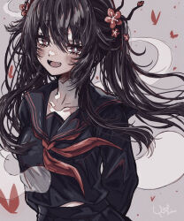 Rule 34 | 1girl, :d, arms behind back, black hair, black sailor collar, black serafuku, black shirt, black skirt, blush, bug, butterfly, collarbone, collared shirt, fangs, floating hair, flower, genshin impact, grey background, hair flower, hair ornament, highres, hu tao (genshin impact), insect, long hair, long sleeves, looking at viewer, neckerchief, open mouth, pleated skirt, red eyes, red flower, red neckerchief, sailor collar, sailor shirt, school uniform, serafuku, shirt, signature, sketch, skirt, smile, solo, symbol-shaped pupils, twintails, upper body, usa (pixiv94350955)