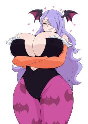 Rule 34 | 1girl, breasts, bursting breasts, camilla (fire emblem), capcom, cleavage, cosplay, demon, demon girl, fire emblem, fire emblem fates, grin, hair over one eye, heart, highres, huge breasts, jinu (jinusenpai), long hair, morrigan aensland, morrigan aensland (cosplay), naughty face, nintendo, purple hair, seductive smile, simple background, smile, solo, thick thighs, thighs, vampire (game), white background
