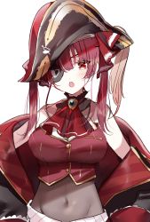 Rule 34 | 1girl, arrow (projectile), arrow through heart, ascot, bare shoulders, bicorne, black hat, black jacket, blouse, blush, breasts, brooch, covered navel, eyebrows hidden by hair, eyepatch, fang, hair between eyes, hat, heart, highres, hololive, houshou marine, jacket, jewelry, leotard, leotard under clothes, long hair, looking at viewer, medium breasts, misumi (macaroni), off shoulder, open clothes, open jacket, open mouth, red ascot, red eyes, red hair, red shirt, see-through, see-through leotard, shirt, simple background, sleeveless, sleeveless shirt, solo, twintails, upper body, virtual youtuber, white background
