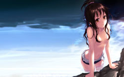Rule 34 | brown hair, cait aron, censored, convenient censoring, flat chest, highres, solo, swimsuit, to love-ru, topless, wallpaper, water, wet, yellow eyes, yuuki mikan