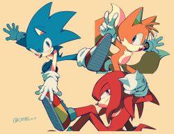 Rule 34 | 3boys, animal ears, animal nose, arm up, arms up, artist name, blue eyes, blue fur, closed mouth, crossed legs, fang, fox boy, fox ears, fox tail, furry, furry male, green eyes, half-closed eyes, hedgehog, hedgehog ears, hedgehog tail, highres, knuckles the echidna, leg up, looking at viewer, male focus, multiple boys, multiple tails, ombeo o, open mouth, orange fur, purple eyes, red footwear, red fur, shoes, simple background, sitting, smile, sneakers, socks, sonic (series), sonic the hedgehog, standing, standing on one leg, tail, tails (sonic), tongue, two tails, v, white socks, yellow background