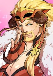 Rule 34 | 1other, beard, blonde hair, blush, cleavage cutout, clothing cutout, earrings, facial hair, goatee, granblue fantasy, horns, jewelry, ladiva, large pectorals, long hair, looking at viewer, male focus, mature male, muscular, muscular male, mustache, pectoral cleavage, pectorals, portrait, ryuuki garyuu, smile, solo, upper body, whispering, wrestling mask