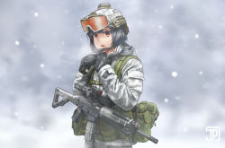 Rule 34 | 1girl, assault rifle, black gloves, black hair, brown eyes, camouflage, camouflage jacket, gloves, goggles, goggles on head, gun, helmet, hood, hood down, hooded jacket, jacket, jpc, load bearing vest, long sleeves, military operator, original, rifle, scope, short hair, sig sauer, sig sauer 556, snowing, solo, tactical clothes, weapon