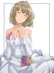 Rule 34 | 10s, 1girl, absurdres, alternate costume, bare shoulders, brown hair, clenched hands, collarbone, commentary request, dress, elbow gloves, closed eyes, gloves, highres, idolmaster, idolmaster cinderella girls, jewelry, migimaki (migi mawashi), mole, mole under eye, necklace, short hair, smile, solo, takagaki kaede, tiara, wedding, wedding dress, white dress, white gloves