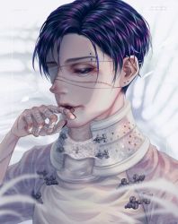 Rule 34 | 1boy, aki (xxparadexx), asymmetrical bangs, bad id, bad pixiv id, bandaged fingers, bandages, barbell piercing, black hair, black nails, body piercings, collar, ear piercing, earrings, eyebrow piercing, eyepatch, finger to mouth, highres, industrial piercing, jewelry, lip piercing, looking at viewer, looking down, male focus, nail polish, original, piercing, scar, short hair, solo, stitched face, stitched hand, stitches, upper body