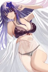 Rule 34 | 1girl, black panties, bra, breasts, cleavage, commentary request, genshin impact, hair ornament, large breasts, nail polish, panties, parted lips, purple bra, purple eyes, purple hair, purple nails, raiden shogun, see-through, smile, solo, thighs, underwear, yamikyon