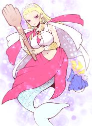 Rule 34 | &gt; &lt;, 1girl, blonde hair, breasts, cape, cleavage, cleavage cutout, clothing cutout, crystal earrings, dragon quest, dragon quest xi, earrings, fish, flying sweatdrops, jewelry, large breasts, long hair, mermaid, midriff, minashirazu, monster girl, navel, paddle, purple eyes, selen (dq11), smile, solo, tiara, underwater