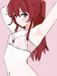Rule 34 | 1girl, armpits, arms up, blush, bocchi the rock!, bra, breasts, embarrassed, green eyes, highres, kita ikuyo, long hair, looking at viewer, navel, pink background, pink bra, red hair, side ponytail, simple background, small breasts, solo, sweat, ukitaryu, underwear, underwear only
