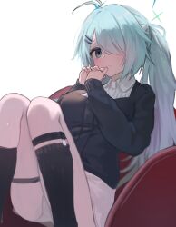 Rule 34 | 1girl, absurdres, ahoge, aqua hair, black jacket, black socks, blue archive, blush, breasts, closed mouth, collared shirt, commentary request, feet out of frame, hair ornament, hairclip, halo, highres, hiyori (blue archive), jacket, knees together feet apart, knees up, kuro shiraga, legwear garter, light frown, long hair, looking at viewer, medium breasts, own hands together, panties, pantyshot, shirt, side ponytail, simple background, sitting, skirt, socks, solo, thigh strap, underwear, very long hair, white background, white panties, white skirt