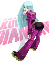 Rule 34 | 1girl, ass, bent over, blue hair, blush, bodysuit, boots, breasts, candy, chaps, character name, copyright name, cropped jacket, female focus, food, gloves, hime cut, kula diamond, leaning, leaning forward, lollipop, long hair, looking at viewer, maou alba, mouth hold, purple eyes, shadow, sideboob, smile, solo, the king of fighters