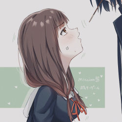 Rule 34 | 1boy, 1girl, anger vein, black dress, black jacket, blunt bangs, blush, breasts, brown eyes, brown hair, commentary request, dress, food, from side, hair ribbon, height difference, highres, iino miko, ishigami yuu, jacket, kaguya-sama wa kokurasetai ~tensai-tachi no renai zunousen~, long hair, long sleeves, looking at another, looking up, low twintails, medium breasts, mouth hold, open mouth, pocky, ponzu (udon), profile, red ribbon, ribbon, school uniform, shuuchiin academy school uniform, solo focus, striped, twintails, upper body