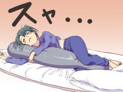 Rule 34 | 1girl, barefoot, blue pants, blue shirt, commentary request, closed eyes, green hair, ishii hisao, kantai collection, long sleeves, open mouth, pajamas, pants, shirt, short hair, sleeping, solo, translated, twintails, zuikaku (kancolle)