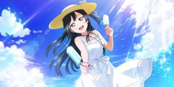 Rule 34 | 1girl, a jet black magician (love live!), artist name, artist request, bare shoulders, black hair, blue hair, blue sky, blush, bow, breasts, brown hat, cloud, collarbone, crescent, crescent necklace, dark blue hair, day, dress, dress bow, female focus, floating hair, food, grey eyes, hat, highres, holding, holding food, jewelry, long hair, looking at viewer, love live!, love live! nijigasaki high school idol club, love live! school idol festival, love live! school idol festival all stars, miniskirt, necklace, ocean, outdoors, parted lips, plaid, plaid dress, plaid skirt, pleated, pleated dress, pleated skirt, ponytail, popsicle, side ponytail, skirt, sky, small breasts, smile, solo, sparkle, striped, striped bow, sundress, sunlight, white bow, white dress, white skirt, yuki setsuna (love live!)