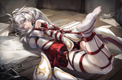 Rule 34 | 1girl, absurdres, arms behind back, bare shoulders, bdsm, blue eyes, blush, bondage, bound, bound ankles, bound arms, bound legs, breasts, closed mouth, detached sleeves, dress, feet, full body, hair between eyes, hair ornament, highres, hogtie, honkai (series), honkai impact 3rd, indoors, kidnapping, legs, long hair, looking at viewer, lying, medium breasts, no shoes, on floor, on stomach, paper, red rope, red skirt, restrained, rope, shibari, shibari over clothes, side ponytail, skindentation, skirt, soles, solo, theresa apocalypse, theresa apocalypse (celestial hymn), thighhighs, thighs, toes, white dress, white hair, white thighhighs, wooden floor, xun li eins