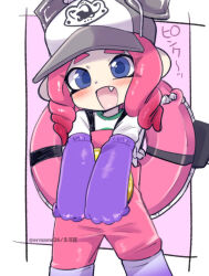 Rule 34 | baseball cap, blue eyes, boots, eromame, fang, gloves, hat, multicolored hair, nintendo, non-web source, octoling, octoling girl, octoling player character, rubber boots, rubber gloves, splatoon (series), splatoon 3, tentacle hair, two-tone hair