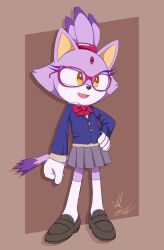 Rule 34 | 1girl, absurdres, animal ears, blaze the cat, bow, bowtie, brown footwear, cat ears, cat girl, cat tail, forehead jewel, furry, furry female, fuzon-s, glasses, gloves, highres, pleated skirt, purple fur, red-framed eyewear, red bow, red bowtie, school uniform, skirt, socks, sonic (series), tail, topknot, white gloves, white socks, yellow eyes