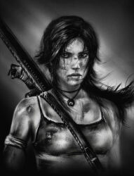 Rule 34 | 1girl, arm strap, blood, blood on face, breasts, camisole, commentary, dirty, dirty clothes, dirty face, furrowed brow, greyscale, highres, jewelry, krystine art, lara croft, long hair, medium breasts, messy hair, monochrome, necklace, realistic, serious, solo, tomb raider, tomb raider (reboot), twitter username