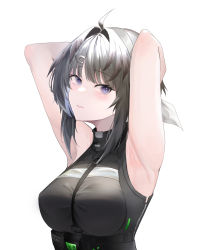 Rule 34 | 1girl, arknights, armpits, arms up, blue eyes, blush, breasts, closed mouth, commentary request, hair intakes, highres, kanaya604, la pluma (arknights), large breasts, looking at viewer, medium hair, silver hair, simple background, sleeveless, solo, upper body, white background