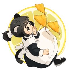 Rule 34 | 1girl, akai sashimi, animal ears, apron, artist name, black dress, black eyes, black footwear, black hair, cat ears, cat girl, cat tail, covered mouth, covering own mouth, dress, food, fried horse mackerel, from side, fruit, full body, hand to own mouth, hand up, lemon, lemon slice, long sleeves, mary janes, original, pantyhose, shoes, short ponytail, sidelocks, sleeve cuffs, solo, tail, tempura, white apron, white background, white pantyhose