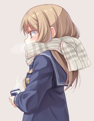 Rule 34 | 1girl, blue sailor collar, blue shirt, blush, breath, brown eyes, brown hair, can, commentary request, enpera, grey background, grey scarf, hair between eyes, highres, holding, holding can, ina (inadahime), long hair, long sleeves, original, plaid, plaid scarf, profile, sailor collar, scarf, school uniform, serafuku, shirt, simple background, sleeves past wrists, solo, steam, upper body