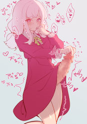Rule 34 | 1girl, blush, censored, clothes lift, collar, collared dress, commentary request, dress, dress lift, erection, futanari, heart, heart-shaped pupils, long hair, mirin chikuwa, mosaic censoring, original, penis, pink eyes, pink hair, precum, red dress, ribbon, simple background, solo, symbol-shaped pupils, tagme, translation request, white collar, yellow ribbon