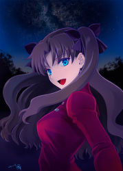 Rule 34 | 1girl, 2014, :d, blue eyes, bow, breasts, brown hair, dated, fate/stay night, fate (series), hair bow, long hair, long sleeves, looking back, medium breasts, night, open mouth, shirotsumekusa, signature, sky, smile, solo, star (sky), starry sky, tohsaka rin, twintails, two side up