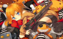 Rule 34 | 1girl, :o, black thighhighs, blue eyes, blush, eyepatch, gun, holding, looking at viewer, lying, on side, orange hair, original, solo, striped, stuffed animal, stuffed rabbit, stuffed cat, stuffed dog, stuffed toy, super zombie, teddy bear, thighhighs, weapon