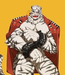 Rule 34 | 1boy, abs, absurdres, animal ears, arknights, bara, blue eyes, blush, claws, commentary, covering body, cross scar, facial scar, fangs, furry, furry male, half-closed eye, highres, male focus, mountain (arknights), muscular, muscular male, nipple piercing, no pants, no shirt, open mouth, pectorals, piercing, prison clothes, scar, scar across eye, scar on cheek, scar on face, surprised, sweatdrop, symbol-only commentary, tail, tiger boy, tiger ears, tiger stripes, tiger tail, uza (hellme), wide-eyed, wrist cuffs, yellow background