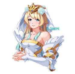 Rule 34 | 1girl, alternate hair length, alternate hairstyle, bare shoulders, blonde hair, blue eyes, blue hair, blush, breasts, bridal veil, cleavage, closed mouth, collarbone, commentary, conope, dress, earrings, feather trim, fire emblem, fire emblem heroes, fjorm (fire emblem), gradient hair, jewelry, lips, long hair, looking at viewer, medium breasts, multicolored hair, nintendo, simple background, smile, solo, strapless, strapless dress, tiara, upper body, veil, wedding dress, white background, white dress